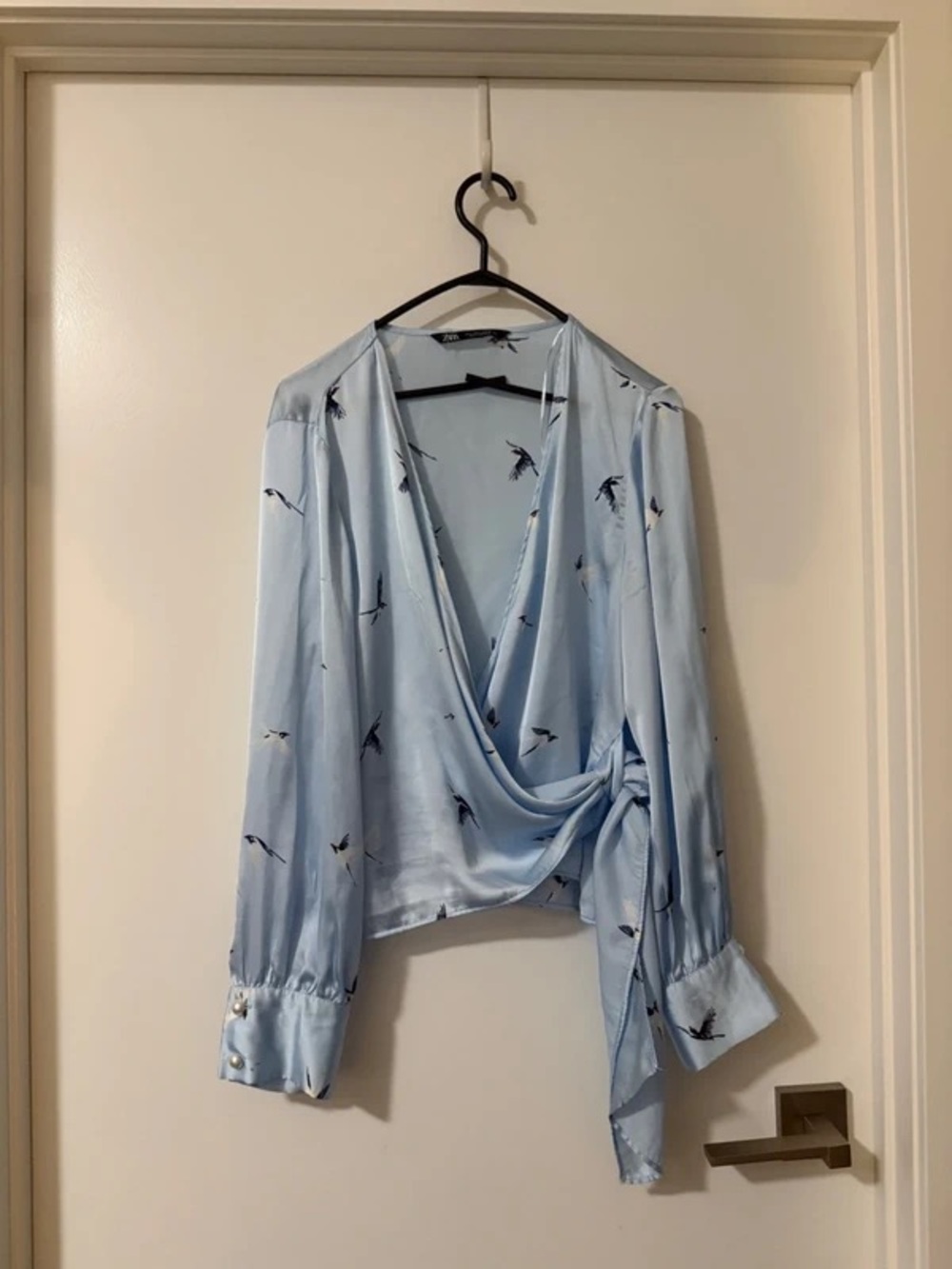 Light Blue Wrap Blouse with Bird Print